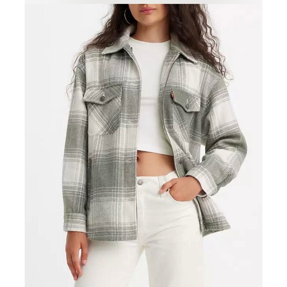 Levi's Green Plaid Full Zip Button Shacket Shirt Jacket Womens Medium